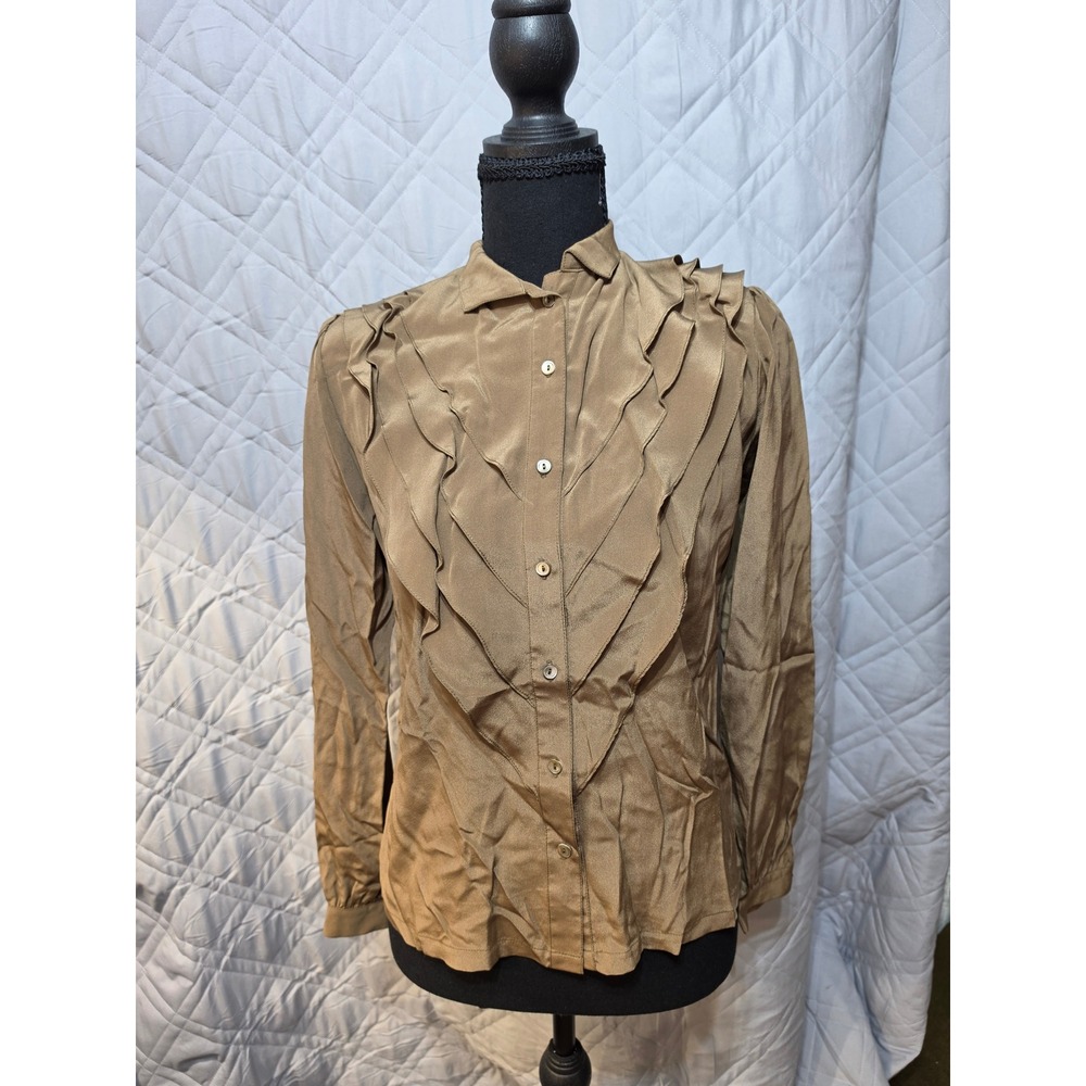 Singerie Vintage 100% Silk Ruffle Front Blouse Bronze Brown Button‎ Down Size 4
